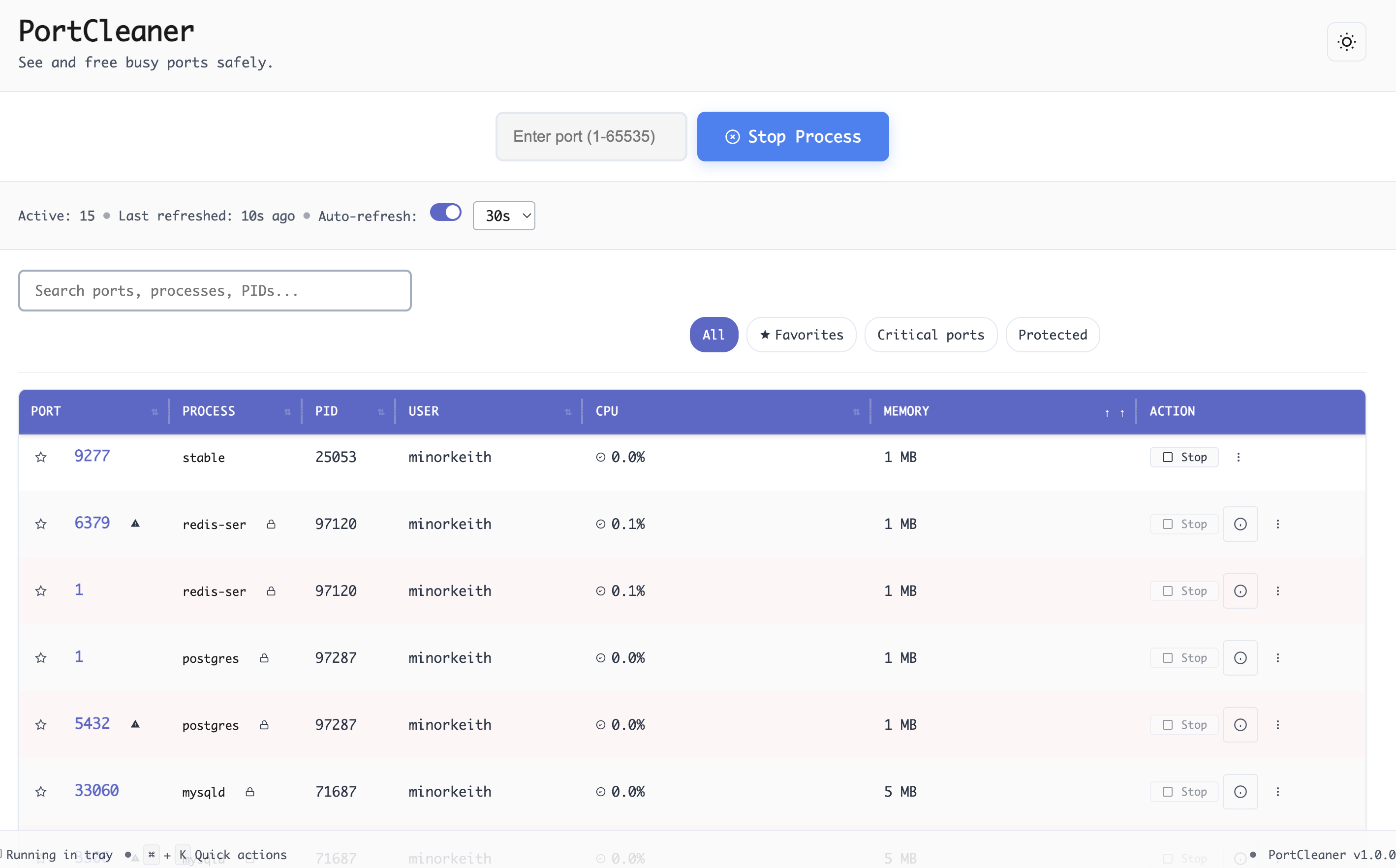 PortCleaner Application Screenshot